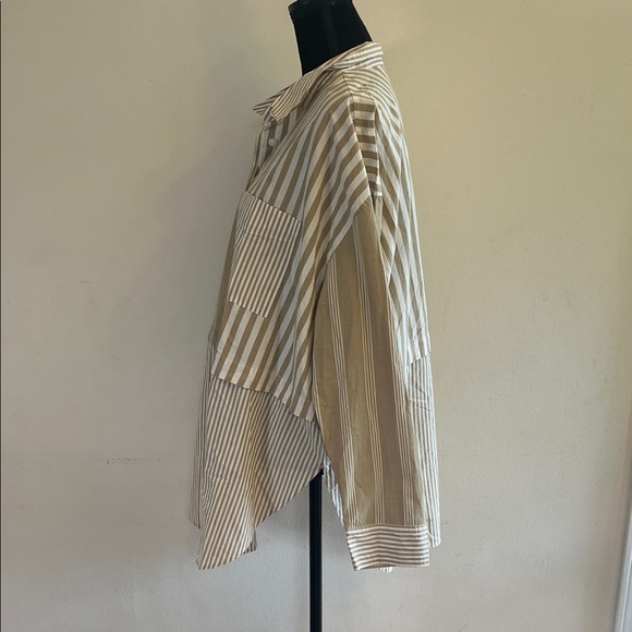 Madewell Beige and White Striped Button-Down Oversized Shirt. Convertible. - Picture 3 of 6